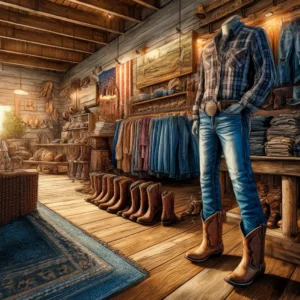 Ranch Boutique Style -- A vivid and detailed closeup illustration of the interior of a Farm and Ranch Boutique in Indiana, focusing on the rural fashion elements. T1