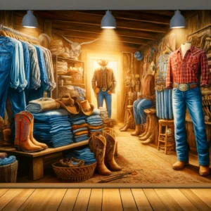 Ranch Boutique Style -- A vivid and detailed wide closeup illustration of the interior of a Farm and Ranch Boutique in Indiana, focusing on the rural fashion elemen4