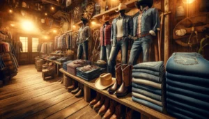 Ranch Boutique Style -- A vivid and detailed wide closeup illustration of the interior of a Farm and Ranch Boutique in Indiana, focusing on the rural fashion elemen3