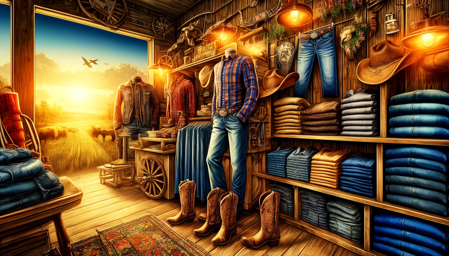 Ranch Boutique Style -- A vivid and detailed wide closeup illustration of the interior of a Farm and Ranch Boutique in Indiana, focusing on the rural fashion elemen4