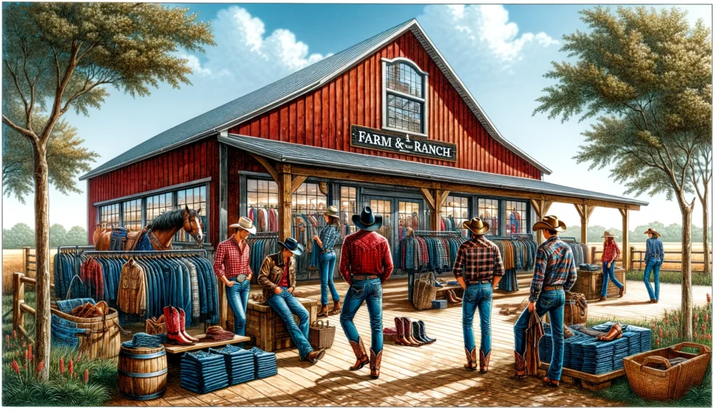 Ranch Boutique Style -- A vivid and detailed wide illustration of a Farm and Ranch Boutique, a rural fashion store in Indiana. The scene captures the unique blend o2