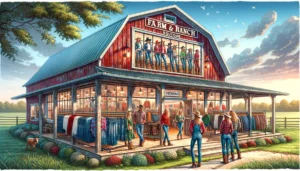 Ranch Boutique Style -- A vivid and detailed wide illustration of a Farm and Ranch Boutique, a rural fashion store in Indiana. The scene captures the unique blend o2